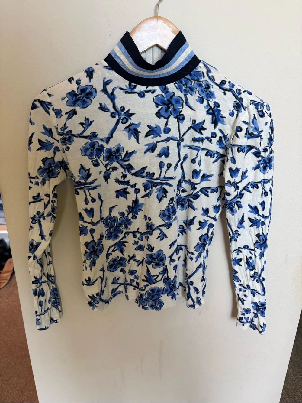 Tory Burch Blue Floral Mock Neck Long Sleeve Top